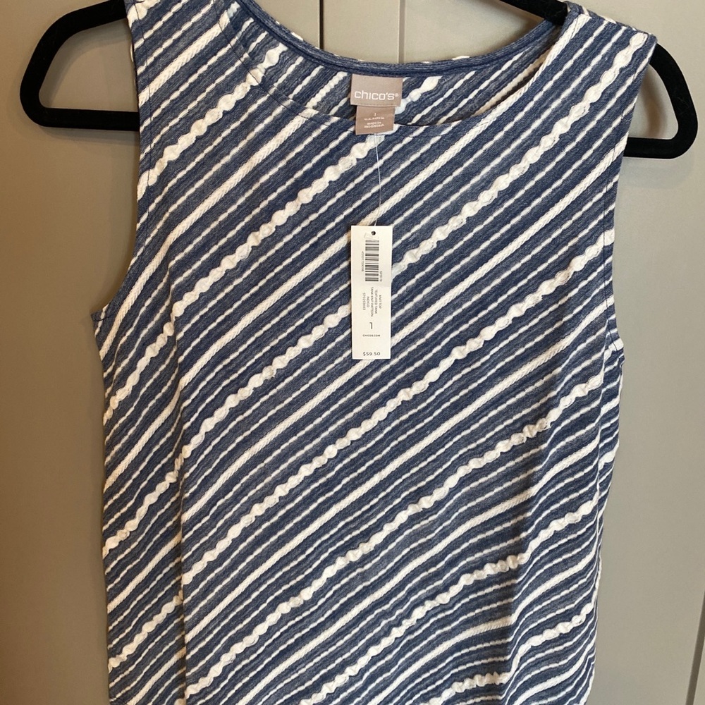Chicos Womens Top Tank Knit Indigo Striped Sleeveless Scoop Neck Career Size 1